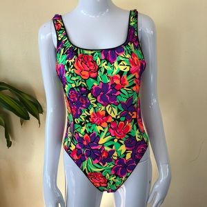 COPY - CATALINA NEON SWIMSUIT Vintage 90's Floral Print Mesh Sides One Piece Si…